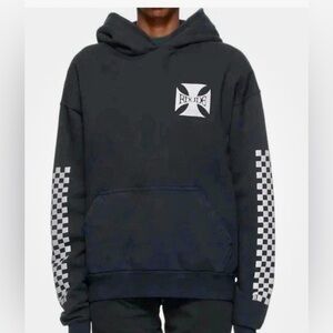 Rhode Cross Logo Hoodie NWT Black Sweatshirt W/Checker Sleeves XL (flaw noted)